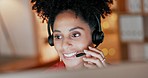 Call center, black woman and talking on computer for customer service, sales and advice at night. Happy female telemarketing agent consulting online at crm help desk for tech communication in evening