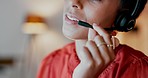 Call center, customer service and woman mouth talking while doing an online consultation in the office. Headset, crm and female telemarketing consultant, agent or operator speaking in the workplace.