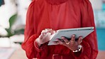 Scrolling, connection and hands of a woman with a tablet for communication, website and email. Business, social media and employee typing on technology for networking, research and search online