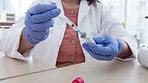 Covid vaccine, medical syringe and woman doctor hands in a hospital with laboratory medicine. Wellness, healthcare and clinic employee with corona protection and safety liquid for vaccination