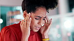 Headache, stress and burnout with a business black woman at work in her office on a project deadline. Mental health, pain and migraine with a female employee suffering from fatigue while working