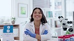 Happy face of scientist woman in office with blood test, microscope exam and healthcare research and proud leadership. Doctor or medical asian female in biotechnology with bacteria, blood or dna exam