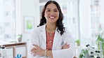 Science, happy and portrait of a scientist with arms crossed for research and medical innovation in a lab. Smile, ready and woman with confidence, pride and happiness in laboratory work and biology