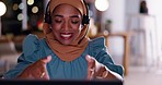 Islamic customer service woman, night and call center with video call, smile and help desk for consulting with advice. Happy muslim consultant, crm and voip for listening, questions and tech solution