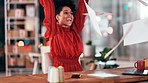 Black woman in office, winning and paper in air with celebration, success and bonus deal. Interior designer, paperwork confetti and happy female, professional win and reward with good feedback