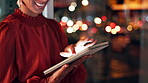 Black woman, hands and tablet at night for business, schedule planning or social media in digital marketing at office. Hand of happy African American female working late on touchscreen at workplace