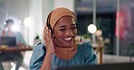 Muslim crm woman, night and call center with tech support, smile and help desk for consulting with advice. Happy islamic consultant, customer service and voip for listening, questions and solution