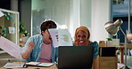 Business people, teamwork success and high five with paper in air and finance office laptop. Man and muslim woman celebrate growth, development and sales or profit with documents and online feedback