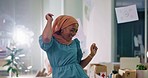 Dance, documents in air and Muslim woman in office for victory, celebration and work achievement. Happy, success and Islam female worker dancing in workplace for pay bonus, business deal and winner