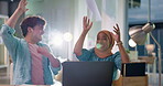 Business people, teamwork success and throw paper in finance office with laptop for review results. Man and muslim woman high five to celebrate growth, development and sales or profit with documents