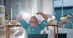 Rewind, documents and a business muslim woman throwing paper in her office at work after a finished task. Reverse, laptop and wow with a female employee in celebration of a deal, target or success