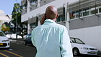 Black man, business phone call and walking on city street for communication, contact and 5g network. Entrepreneur person outdoor with smartphone while talking or consulting online during urban travel