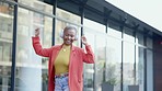 Happy dance, black woman and city street dancing of a business employee listening to music. Freedom, dancer and headphones of a young person hearing web audio and internet radio with happiness
