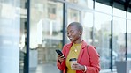Phone, coffee and black woman in city, urban travel and reading website, university or college application. Happy African person or young student walking with 5g smartphone, cellphone or mobile chat
