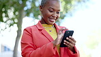 Phone, outdoor and business black woman typing on mobile app, 5g networking and job update or news chat. Happy professional worker, employee or entrepreneur on cellphone or smartphone for opportunity