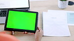 Business woman, tablet and green mockup in office, desk and company for planning, web design and research. Worker hands, digital screen and mock up of internet app, innovation or technology analytics