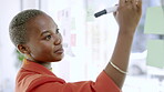 Black woman in business, writing and brainstorming ideas with planning and marker on glass board. Sticky note, excited and inspiration with project management, productivity and strategy in office