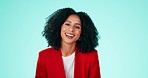 Face, black woman and employee with smile, funny and success with lady against a blue studio background. Portrait, Jamaican female and girl laughing, happiness and carefree with joyful and cheerful