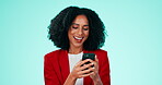 Meme, funny and businesswoman laughing with phone on social media, online and internet isolated in studio blue background. Mobile, streaming and black woman smile due to joke on the web or app