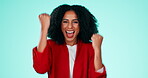 Wow, success and excited face of black woman celebrating winning deal and achievement on blue background. Celebration, smile and portrait of happy businesswoman with energy and excitement for winning