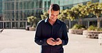 City, phone and smile, man typing message, email or post on internet and walking outside. Technology, 5g communication and networking, businessman online reading happy text or funny social media meme