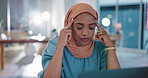 Laptop, headache and anxiety with a business muslim woman at work in her office on a project deadline. Mental health, stress and computer with an islamic female employee working late at night