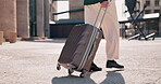 City, suitcase and business man legs for travel, international opportunity or global journey walking to airport or hotel outdoor. Luggage, bag of entrepreneur shoes or professional person feet moving