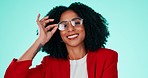 Glasses check, eye care and face of black woman with new vision product in a studio. Isolated, lens checking and frame of a young person model with happiness and a smile from retail purchase