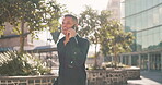 Phone call, travel and professional man for city international opportunity, 5g communication and networking. Urban business person or entrepreneur walking, talking on cellphone in outdoor lens flare