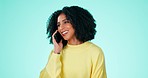 Happy, phone call and black woman excited, conversation and lady against blue studio background. African American female, lady and smartphone for discussion, talking and communication with connection