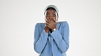 Shocked, surprised and wow by black woman or businesswoman feeling excited and amazed. Portrait, mockup and professional Nigerian person feeling omg in shock isolated in studio white background