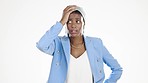 Confused, doubt and black woman with decision stress isolated on a white background in studio. Idea, frustrated and an African girl thinking of a choice with confusion, anxious and uncertainty