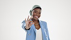 Smile, happy and face of black woman with pinch for small, little and tiny sign on white background. Advertising, hand gesture and portrait of isolated girl for product marketing, mockup and space