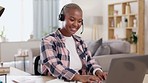 Remote work, laptop or black woman in a telemarketing call center, customer services or technical support. Communication, crm or sales agent talking, consulting or helping with advice in home office