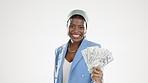 Money, cash and face of black woman isolated on a white background business wealth, bonus or investment. Winning, banking or salary of african person or entrepreneur financial freedom, profit or rich