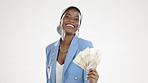 Cash, money and happy african woman isolated on white background business wealth, bonus or investment profit. Winning, mockup and salary of rich black person or entrepreneur face in financial freedom