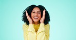 Black woman, face and peekaboo surprise for fun, games or happiness on studio background. Portrait of happy female model cover eyes in hide and seek, reaction and shy emoji of smile, laughing or play