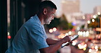 Businessman, hands or tablet screen in city evening for startup planning, company growth or deadline progress check. Smile, happy or working late man on technology mock up, urban balcony or website