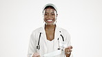 Black woman, doctor and removing face mask for end of covid against a white studio background. Portrait of happy African female in healthcare ready for medical services in post pandemic on mockup