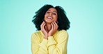 Happy black woman, studio and face with smile, pose or beauty with natural afro, edgy fashion or blue background. Gen z model, african and girl with trendy clothes, hair care and cosmetics portrait