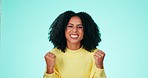 Wow, celebration and excited face of black woman with winning deal, achievement and isolated on blue background. Celebrate, smile and portrait of happy person with energy and excitement for winner.