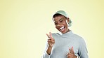 Dance, finger guns and face of black woman on yellow background with confidence, success and happy. Mockup space, fashion and portrait of isolated girl dancing for wellness, beauty and good news