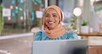 Face of muslim business woman at computer for office planning, project creativity and professional career mindset. Young Saudi Arabia, islamic or hijab person  face with computer for creative startup