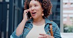 Woman, talking and phone call with communication outdoor, face and travel, conversation in city with smartphone. Contact, chat and 5g with influencer and branding opportunity, networking and female