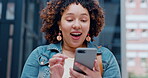 Winning, phone and black woman in city fist pump, yes and wow for online competition, prize and giveaway online. Young winner person, student or user on smartphone, cellphone or web for bonus or news