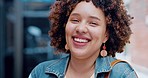 Woman, laughing and face and fashion afro, clothes or trendy jewellery in Brazil city joke, comic or comedy. Portrait, smile and funny gen z and natural hairstyle, cool jewelry or student travel meme