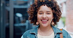 Woman, laughing or face with afro hairstyle, fashion clothes or trendy jewellery in Brazil city for travel, break or tourism. Portrait, smile or happy student with natural hair, cool or jewelry style