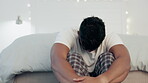 Sad, anxiety and stress with man in bedroom for frustrated, problem and lonely. Grief, depression and mental health issues with guy suffering at home and feeling failure, struggle and burnout