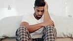 Depression, phone and mad with man in bedroom for frustrated, problem and lonely. Grief, sad and mental health issues with guy waiting for text message at home for failure, struggle and burnout