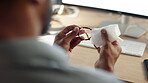 Man hands, cloth and cleaning glasses in clear eyes healthcare, night preparation or dust removal in evening. Vision, eyewear and lens fabric for frame, worker or employee in creative modern office